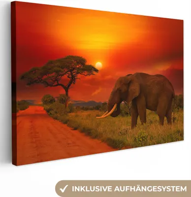 Produktbild von MuchoWow® - Leinwandbilder - Elefant - Sonnenuntergang - Orange - Savanne - Tiere, Wandbild, Wanddeko Bilder Wohnzimmer, 120x80 cm