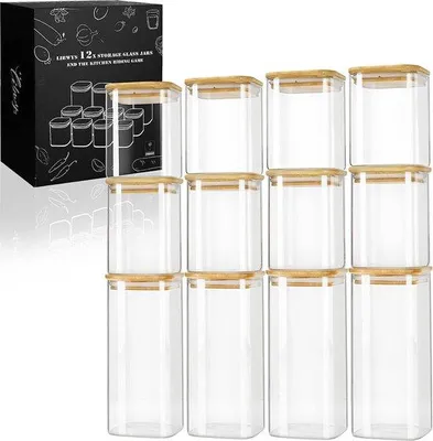 Productafbeelding van Unyqoos® Set van 12 voorraadpotten – vierkante voorraadpotten van borosilicaatglas, 1000 ml en 600 ml, luchtdicht met bamboe deksel, vaatwasmachinebestendig