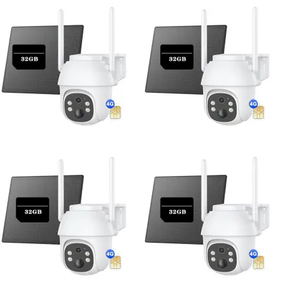 Image de 4G / LTE PTZ caméra de surveillance solaire 3MP avec carte SIM audio 2 voies, suivi de mouvement IA couleur vision de nuit 4pcs avec 32GB microSD