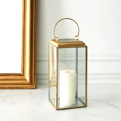 Produktbild von Laterne aus goldenem Metall und Glas, 30 cm hoch