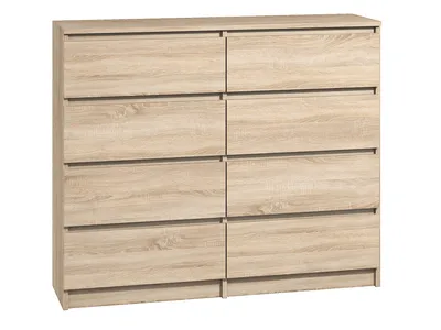 A front view of a light brown wooden dresser with eight drawers against a white background.