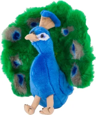 A plush toy peacock with its tail feathers spread.