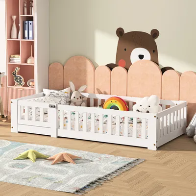 Image de Lit d'enfant 120 x 200 cm avec barrières et porte, en bois massif, blanc, sommier à lattes inclus