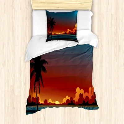 Produktbild von ABAKUHAUS Fidschi Bettbezug Set, Dramatisch Illustration von einem Sonnenuntergang Szene, 135 x 200 cm + 80 x 80 cm, Mehrfarbig