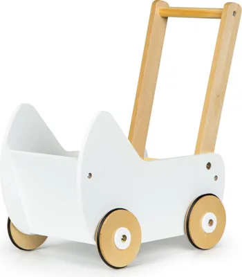 A white wooden doll stroller on a white background.