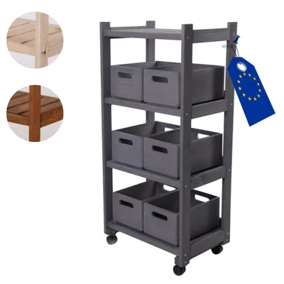 Produktbild von MODO24 Gemüseregal Holz, Kistenregal, 4 Ebenen, 6 Kisten S05 30x20 cm, Rollenregal, Obstregal, Küchenregal, 102x48x34 cm, Grau, RLSK