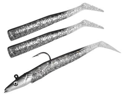 Produktbild von Köder in Thunfischform, Angelzubehör, Haken mit Jig-Kopf (schwarz und silber)