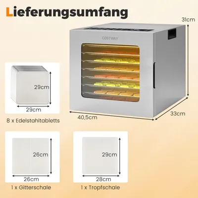 Obrázok produktu pre Sušička potravín, 8 tácok, časovač 48 hodín, 35-75 °C, strieborná