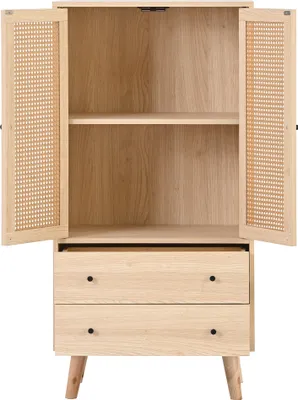 Produktbild von Merax Kommode Highboard mit 2 Türen Rattangeflecht und 2 Schubladen, Sideboard aus Holz Stehschrank, 60x40x120cm, Eiche