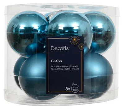 Productafbeelding van Kerstbal glas d7cm blauw 8st Decoris