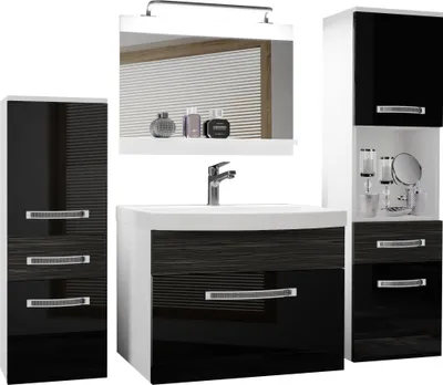 Immagine prodotto di Set completo di mobili da bagno BELINI mobile lavabo, 1x mobile piccolo, 1x mobile alto, lavabo, specchio, lampada (nero, lucido)