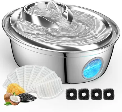 Produktbild von Automatischer Katzenbrunnen 2 l, Edelstahl, Tränke für Katzen und Hunde, 12 Filter, für Haustier