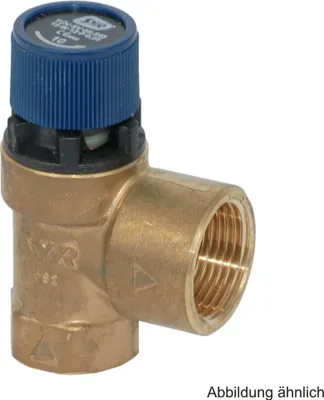 A brass safety valve with a blue cap is shown against a white background.