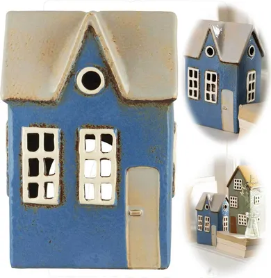Produktbild von LS-LebenStil Teelichthaus Lichterhaus Nyhavn 17cm Blau Keramik Fachwerkhaus Teelichthalter Windlicht Kerzenständer Wohnzimmer, Fensterbank