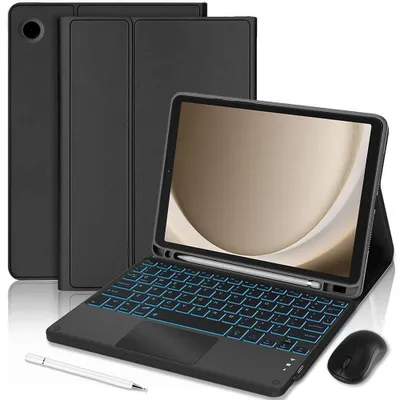 Image de Coque Clavier pour Samsung Galaxy Tab A11 Plus / A9 Plus, CuirPolyuréthaneNoir avec Clavier Rétroéclairé + Souris + Stylet