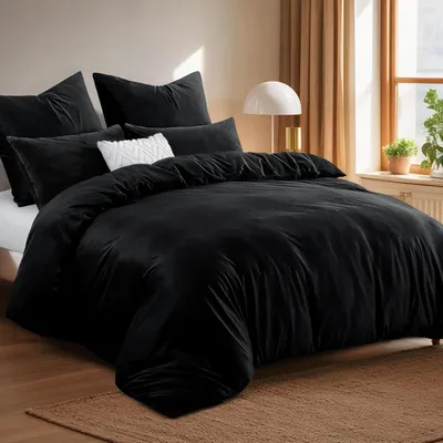 Produktbild von Winter Bettwäsche Flanell Plüsch Set mit 2 Kissenbezügen 220x240 cm Schwarz