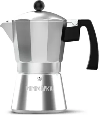 Obrázok produktu pre Minimoka 6 šálok Taliansky kávovar, 6 šálok, základňa a filter z nehrdzavejúcej ocele, ergonomická rukoväť, bezpečnostný ventil, silikónové tesnenie, vhodné pre: vitro, elektrické a plynové