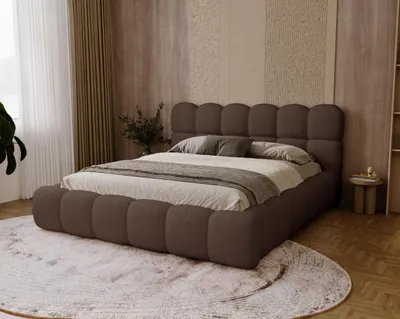 Image de BESILIO Lit rembourré bouclé 160x200 Chicago - mousse épaisse, coffre de rangement et sommier - Marron