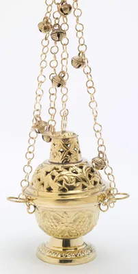 Produktbild von Weihrauchfass mit Glöckchen an der Kette zum Hängen aus Messing Gold poliert Höhe 16 cm mit Innenschale aus Stahl für die Räucherkohle