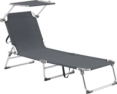 A dark gray sun lounger with a canopy, shown on a white background.