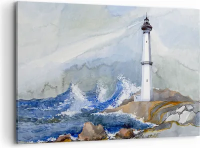 Produktbild von Bild auf Leinwand - Leinwandbild - Leuchtturm Wasser Illustration Welle - 120x80cm - Wand Bild - Wanddeko - Leinwanddruck - Bilder - Kunstdruck - Leinwand bilder - Wandkunst - AA120x80-2997