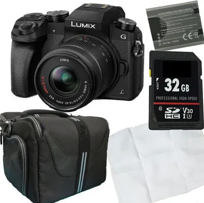 A collection of camera accessories including a camera, battery, memory card, and camera bag.