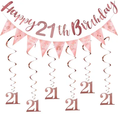 Produktbild von Deko Set 21. Geburtstag Banner Luftschlangen Girlande Wimpel Rosa-Weiß 13-teilig