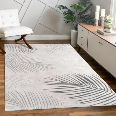 Zdjęcie produktu dla Dywan z krótkim włosiem, wzór liści, do salonu, odporny na zabrudzenia, szary, prostokątny 200x290 | 60% polipropylen, 40% poliester | Wysokość włosia: 11 mm | łatwy w pielęgnacji