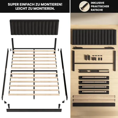 Produktbild von Polsterbett 140x190 cm, Bettgestell mit Höhenverstellbarem Kopfteil und Lattenrost, Stabiler Bettrahmen, Bis 500 kg, Gepolstertes Bett, Schwarz