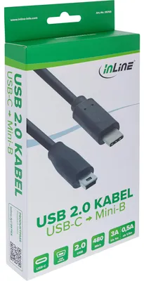 Produktbild von InLine USB 2.0 Kabel, USB-C Stecker an Mini-B Stecker, schwarz, 5m, 5 m, USB C, Mini-USB B, USB 2.0, Stecker/Stecker, Schwarz
