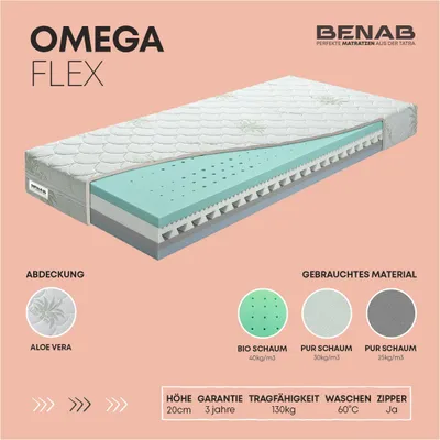 Produktbild von Kaltschaummatratze Benab Omega Flex Matratze 80 x 195 cm H2 / H3 hart 20 cm hohe Kaltschaummatratzen, Aloe Vera, PUR, BIO Schaum, 7 Zonen, Profilierung