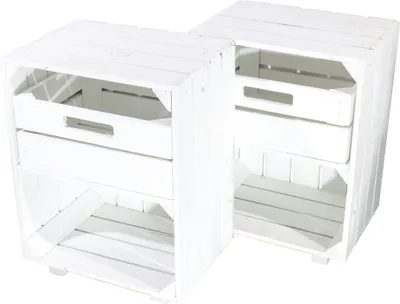 Produktbild von 2er Set Weißer Nachttisch mit Schublade 30,5cm x 40cm x 54cm Nachtschrank Tisch Regalkiste Apfelkiste Weinkisten Obstkisten weiss Tisch Ablage Landhaus DIY klassisch