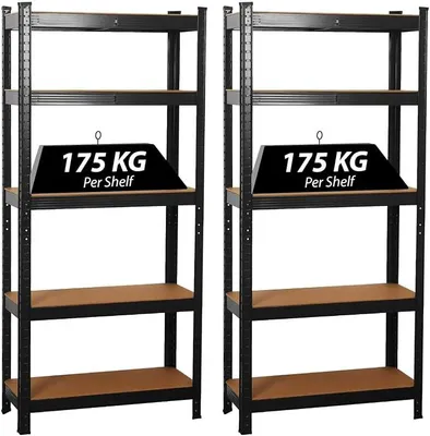 Obrázek produktu pro Sada dvou kovových regálů do garáže, odolný regál pro skladování, dílnu nebo kancelář (černá barva, rozměry 70 x 30 x 150 cm)