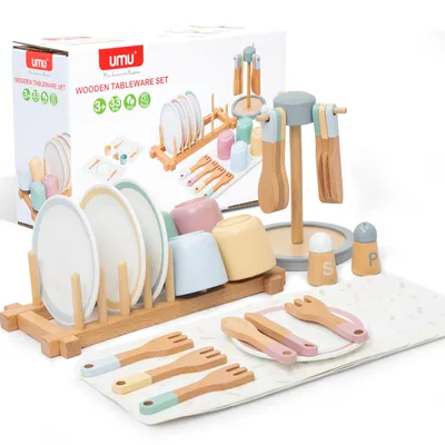 Produktbild von Spielküche Kinderküche Zubehör Holz, 33 St. Geschirrset mit Tassen, Spielküche