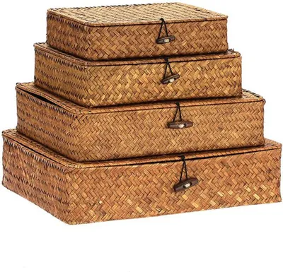 Produktbild von Azomor® Set von vier stapelbaren Aufbewahrungskörben aus Seegras mit Deckel und Verschluss