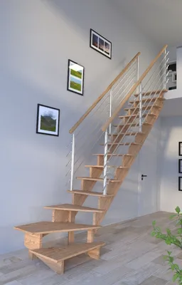 Obrázek produktu pro Dřevěné schodiště Lindos (dub) v 1/4 točité konstrukce vpravo - 100 cm designové zábradlí z nerezové oceli na obou stranách - bez stoupaček