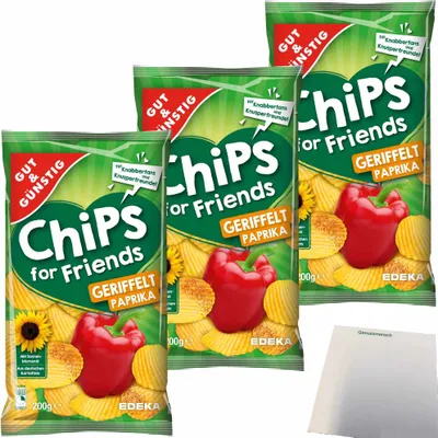 Produktbild von Gut & Günstig Paprika-Chips for Friends geriffelt Kartoffelchips 3er Pack (3x200g Packung) + usy Block
