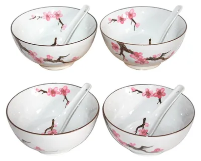 Produktbild von 774 Matcha Reisschalen 4 er Set mit 4 Löffel (8 Teile) Sakura – Kirschblüte Jumbo ø 15 cm
