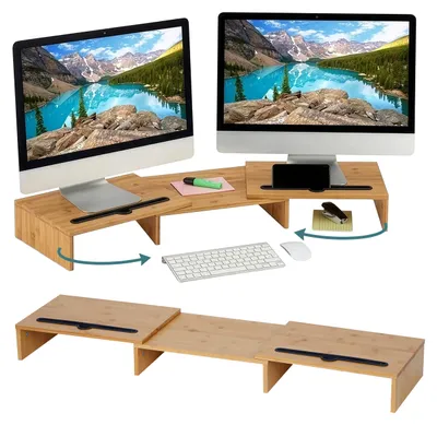 Zdjęcie produktu dla Stojak na monitory Relaxdays, na 2 monitory, z wysuwanymi segmentami, szerokość 74–105 cm, ergonomiczna półka na komputer z bambusa, kolor naturalny