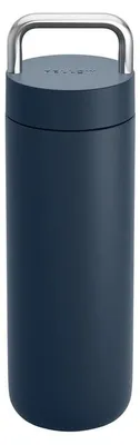 A navy blue tumbler with a silver handle on a white background.