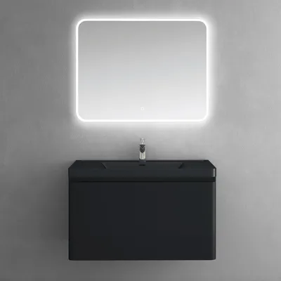 Image de doporro Meuble de Salle de Bain Suspendus Noir Mat 90x48x50cm Ensemble de 3 Pièces Meuble avec Lavabo et Miroir Design Ancona