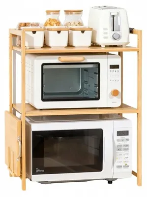 Image de Étagère en bambou pour micro-ondes - Étagère de cuisine - Réglable en hauteur - Empilable - 4 crochets - Support pour planche à découper - Capacité de charge : 15 kg - Dimensions : 55 x 35 x 67 cm
