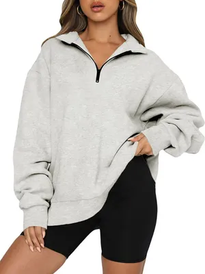 Produktbild von ASKSA Damen Sweatshirts 1/4 Reißverschluss Pullover Langarm Oversized Tunika Oberteil Tops, Grau, M