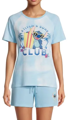 Immagine prodotto di Maglietta e pantaloncini Disney Stitch da donna, pigiama in cotone, set composto da due pezzi con la scritta "Sur"