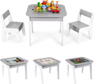 Produktbild von Bolt Edge 3-in-1 Kindertisch mit 2 Stühlen – Spiel- & Aktivitätentisch – Mit Tafel & Aufbewahrung – Holz – Grau – Kinder 2-8 Jahre