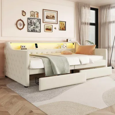 Zdjęcie produktu dla Praktyczna rozkładana sofa ze zdalnie sterowanym oświetleniem LED, funkcją ładowania USB i dwiema szufladami - 90x200 cm, beżowa