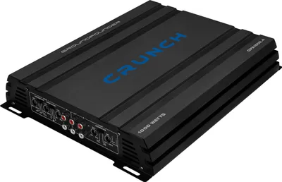 A black car amplifier with blue branding is shown from a diagonal angle against a white background.