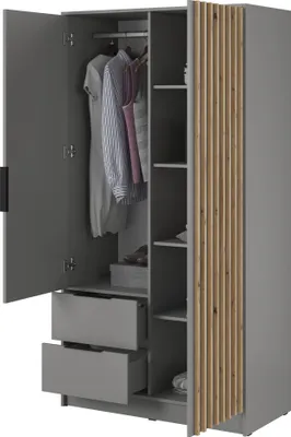 An open wardrobe with clothes hanging inside and two drawers at the bottom.