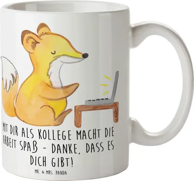 Produktbild von Mr. & Mrs. Panda Kaffeebecher Kollege Freude - Weiß - Geschenk, Aufmerksamkeit, Teetasse, Tasse, für, handgefertigt, Danke sagen, Trinkbecher, Becher, Bedanken