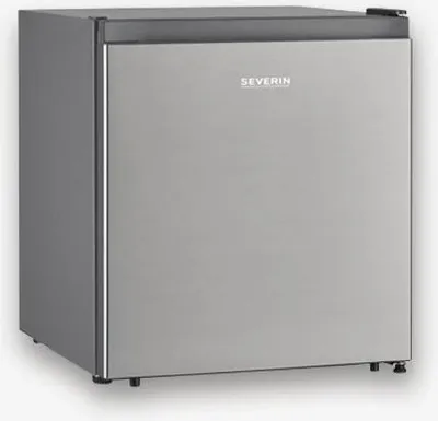 A small, silver refrigerator with a dark gray top and a brand logo on the front.